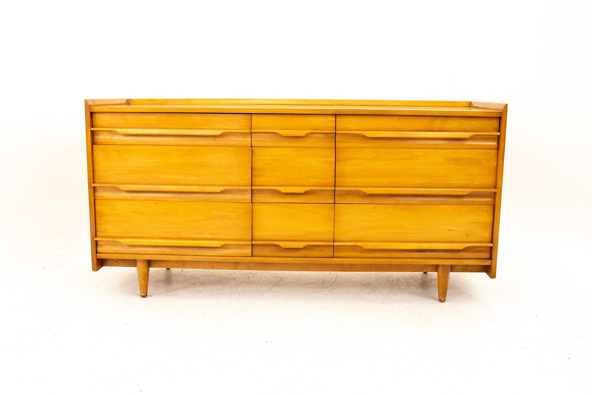 Milo Baughman style Crawford Furniture Mid Century blonde 9-drawer lowboy dresser
Dresser measures: 60 wide x 19 deep x 29 high

All pieces of furniture can be had in what we call restored vintage condition. That means the piece is restored upon