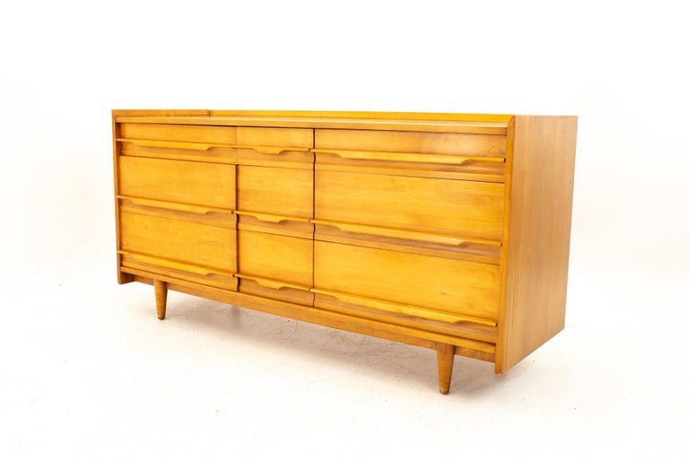 Milo Baughman Style Crawford Furniture MCM Blonde 9Drawer Lowboy