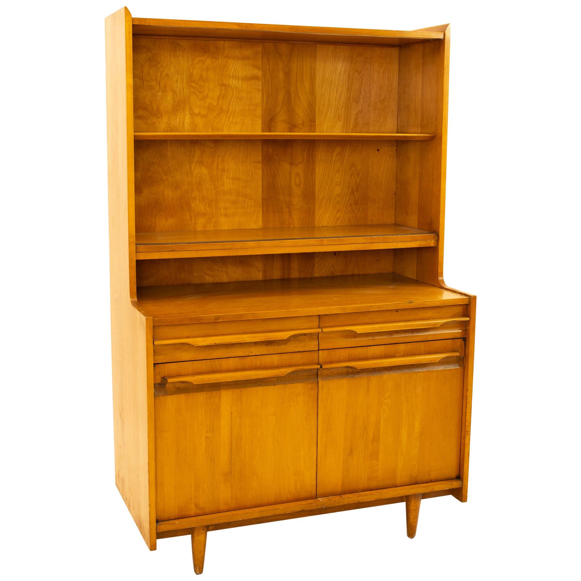 Milo Baughman Style Crawford Furniture Mid Century Blonde Buffet and Hutch