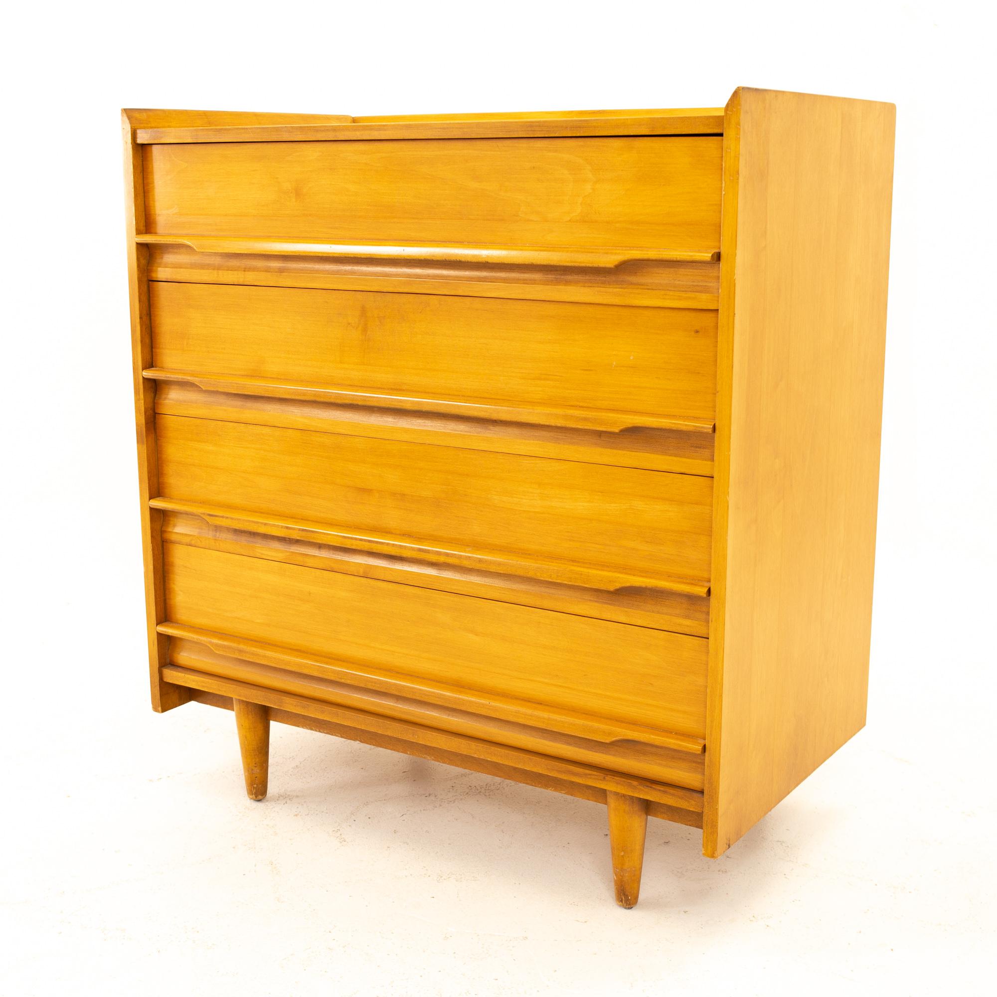 Milo Baughman style Crawford mid century 4 drawer highboy dresser.
Dresser measures: 34 wide x 19 deep x 36 high

All pieces of furniture can be had in what we call restored vintage condition. That means the piece is restored upon purchase so