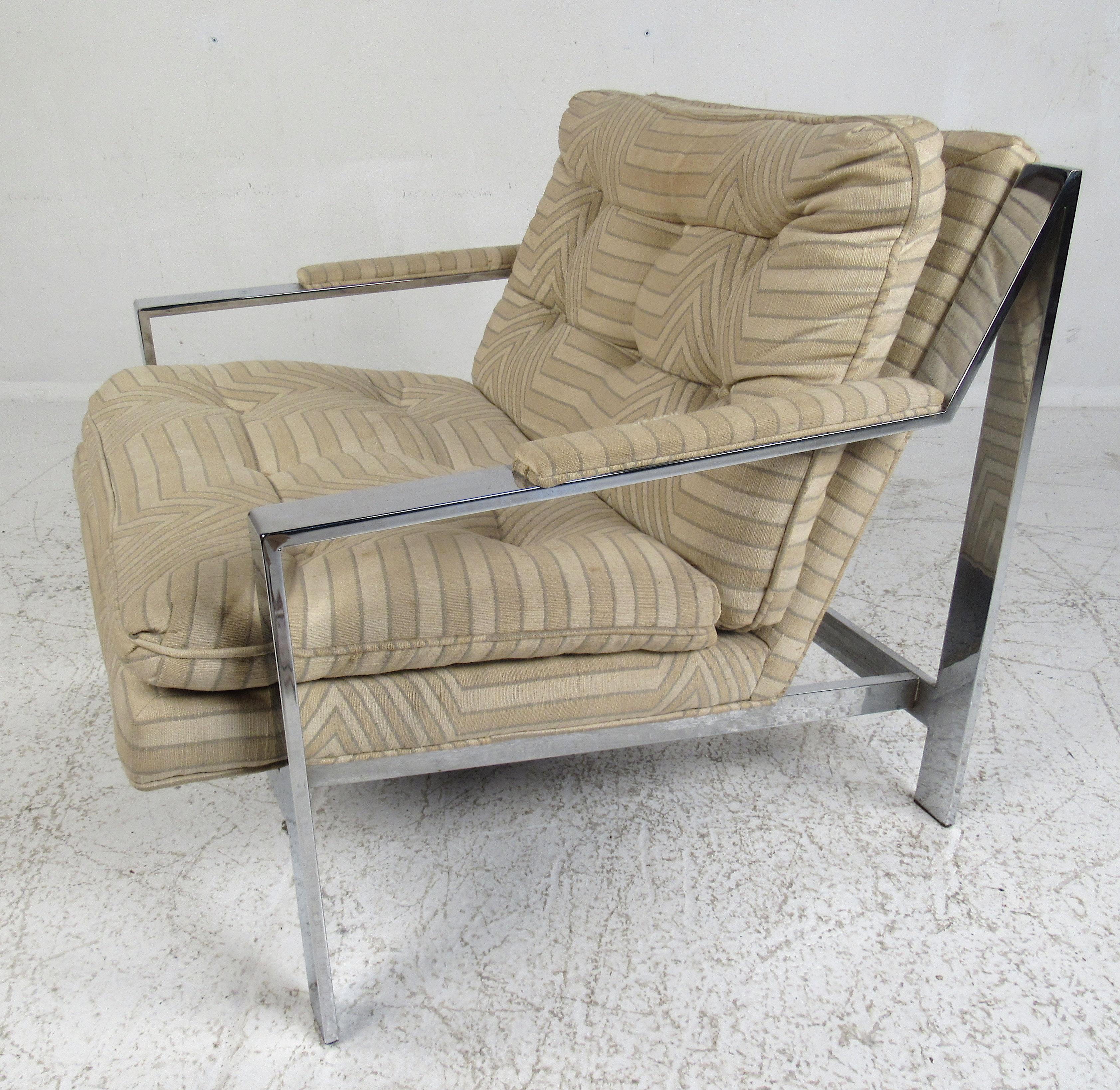 American Milo Baughman Style CY Mann Chrome Frame Lounge Chairs For Sale
