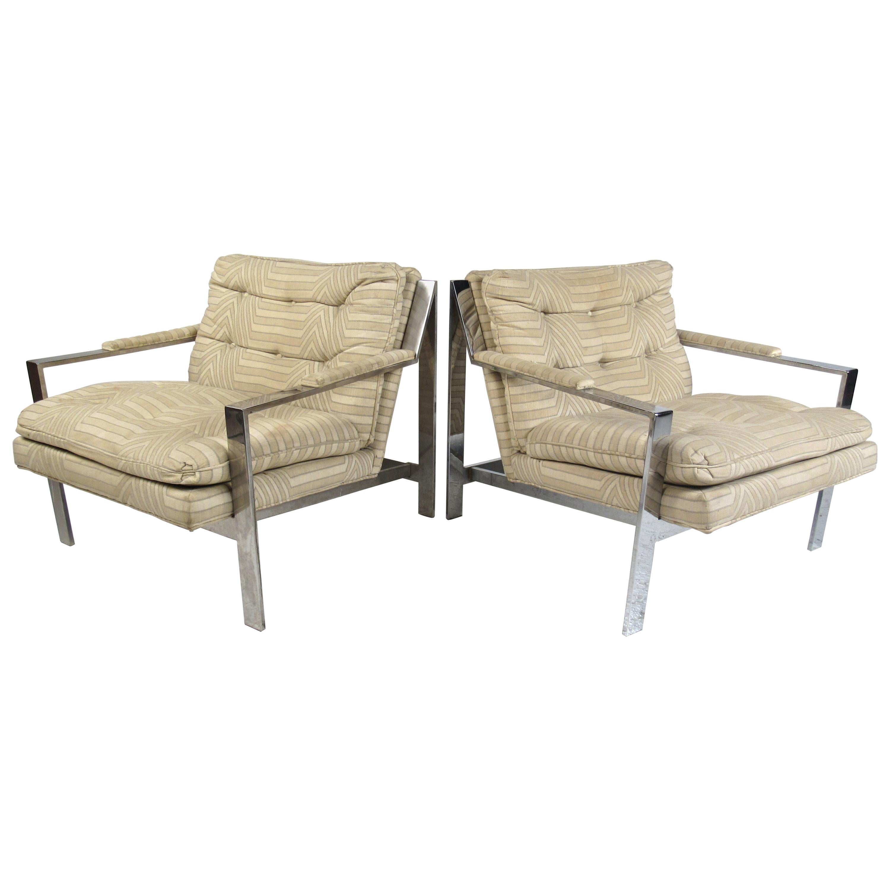 Milo Baughman Style CY Mann Chrome Frame Lounge Chairs For Sale