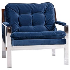 Milo Baughman Style Cy Mann Flat Bar Chrome Lounge Chair:: New Navy Blue Velvet