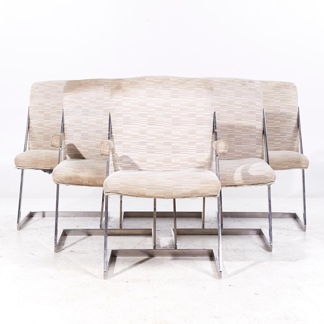 Milo Baughman Style DIA Mid Century Chrome Cantilever Z Dining Chairs - Set of 6

Each armless chair measures: 21 wide x 21 deep x 36 high, with a seat height of 18 inches
Each captains chair measures: 22.75 wide x 21 deep x 36 high, with a seat