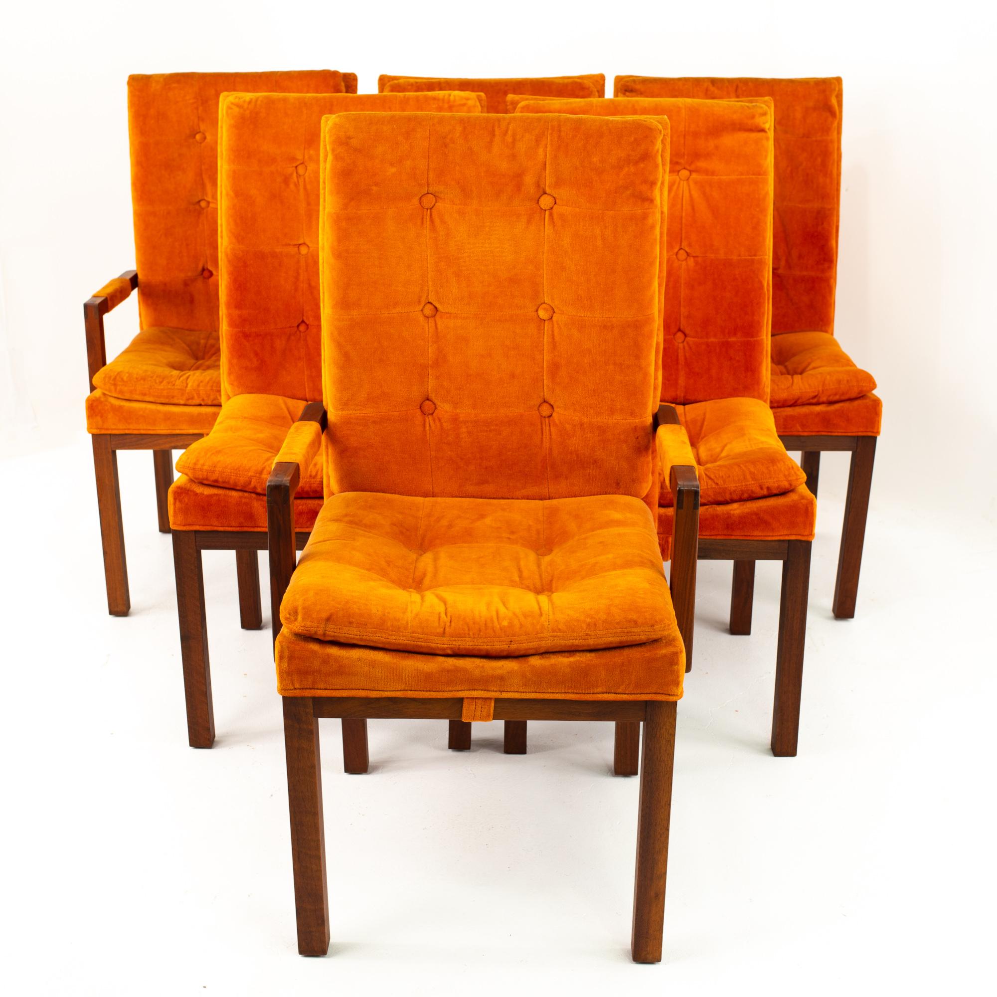 Milo Baughman Style Dillingham Orange and Walnut Upholstered Dining Chairs - Set of 6

Each chair measures: 22 wide x 22 deep x 41 inches high, with a seat height of 19 and arm height of 24 inches

All pieces of furniture can be had in what we call