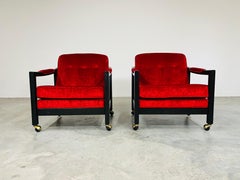 Milo Baughman Style Directional Deep Red Velvet & Ebony Mahogany Club Chairs