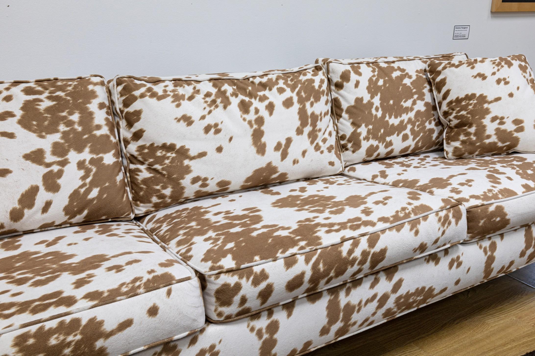 20th Century Milo Baughman Style Directional Sofa with Cow Print Fabric and Wooden Legs For Sale