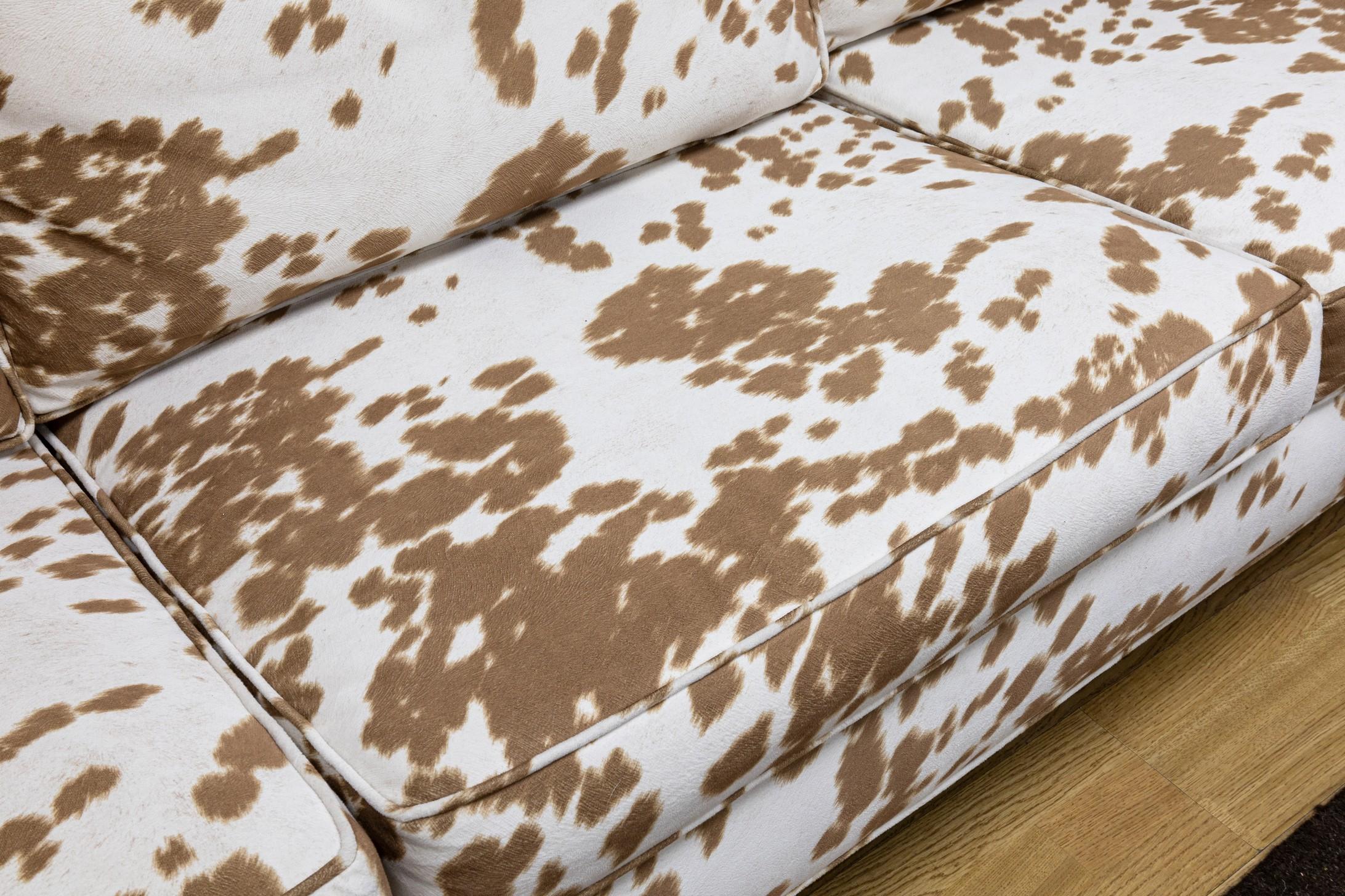 Milo Baughman Style Directional Sofa with Cow Print Fabric and Wooden Legs For Sale 1