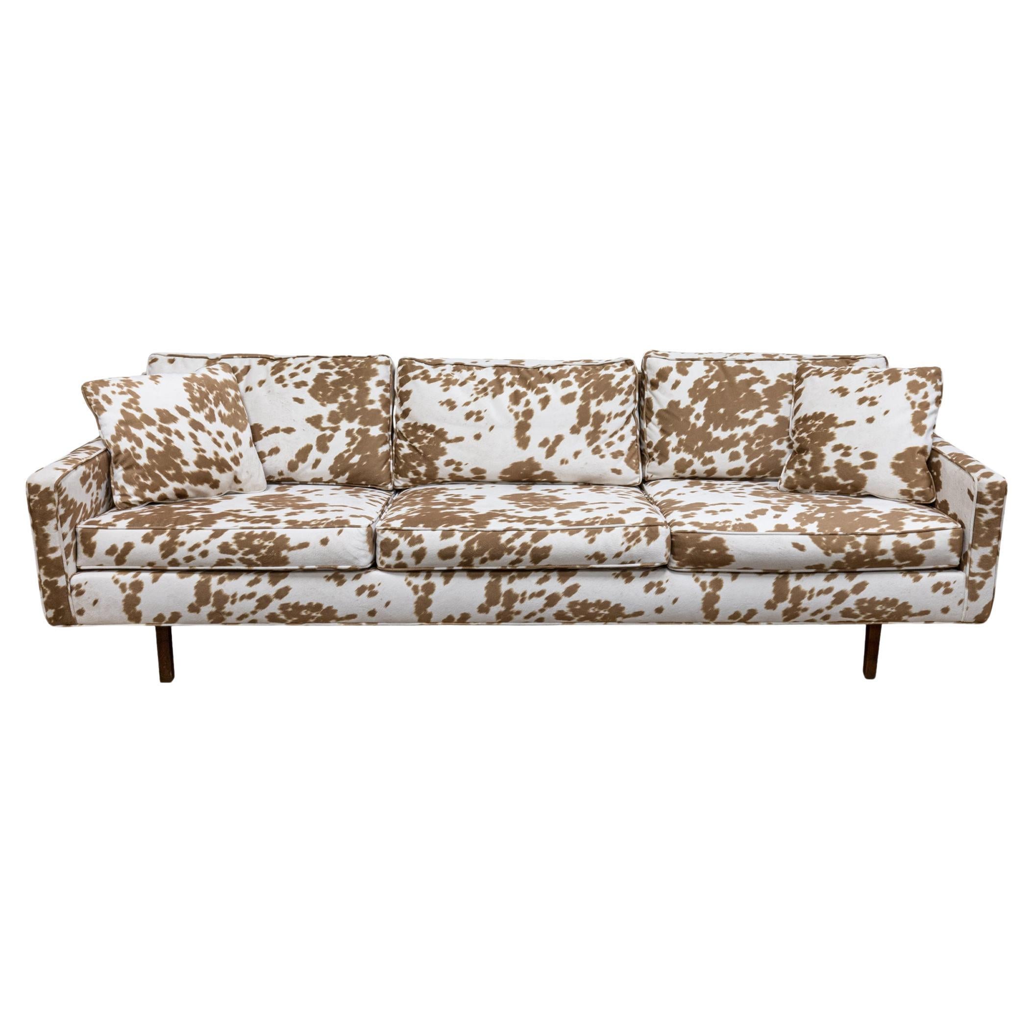 Milo Baughman Style Directional Sofa with Cow Print Fabric and Wooden Legs For Sale