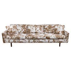 Vintage Milo Baughman Style Directional Sofa with Cow Print Fabric and Wooden Legs
