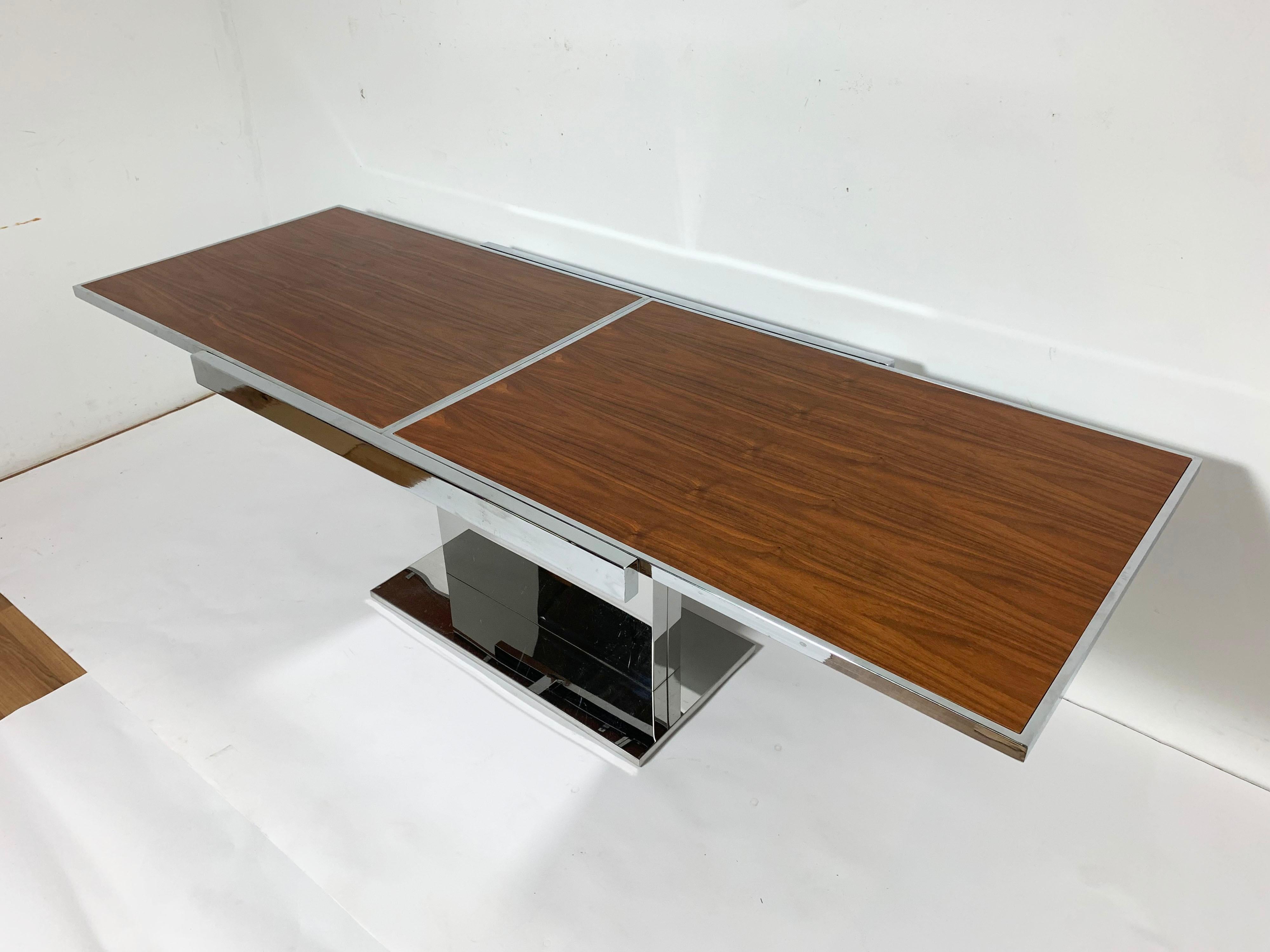 Milo Baughman Style Expandable Walnut and Chrome Dining Table, Circa 1960s 4