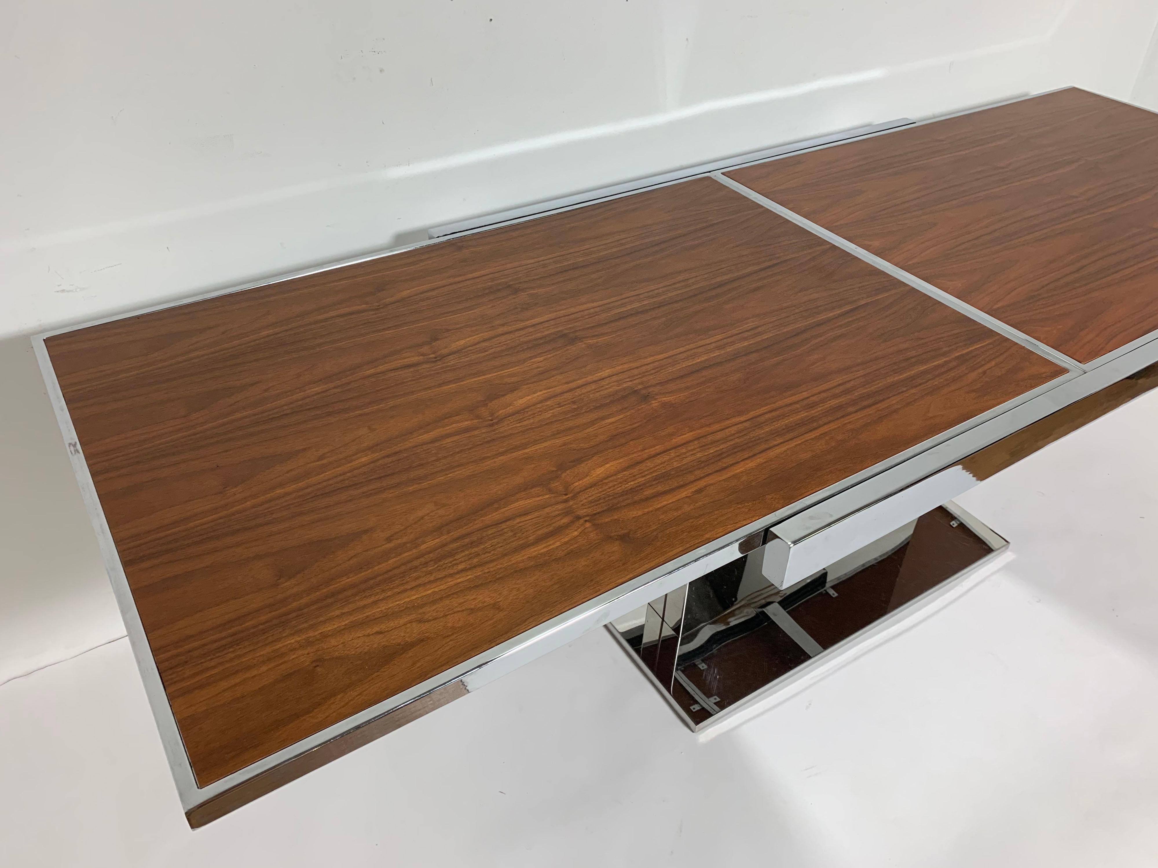 Milo Baughman Style Expandable Walnut and Chrome Dining Table, Circa 1960s 2