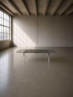 Estilo Milo Baughman, mesa de comedor extensible, cromada, cristal ahumado, EE. UU., década de los 70