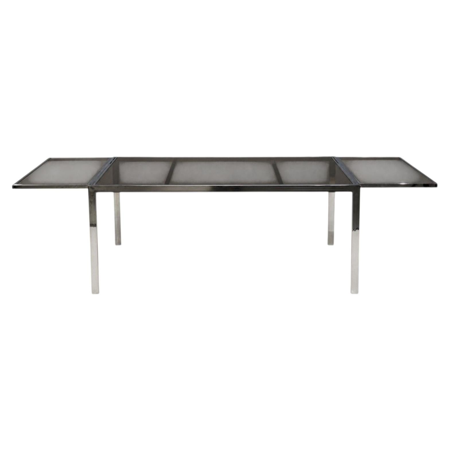Milo Baughman Style, Expanding Dining Table, Chrome, Smoked Glass, USA, 1970s