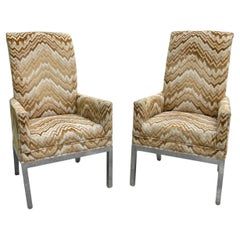 Milo Baughman Style Flame Stitch Upholstered Metal Base Armchairs, a Pair