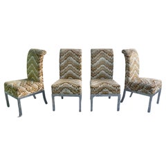 Milo Baughman Style Flame Stitch Upholstered Metal Base Dining Chairs. Set of 4