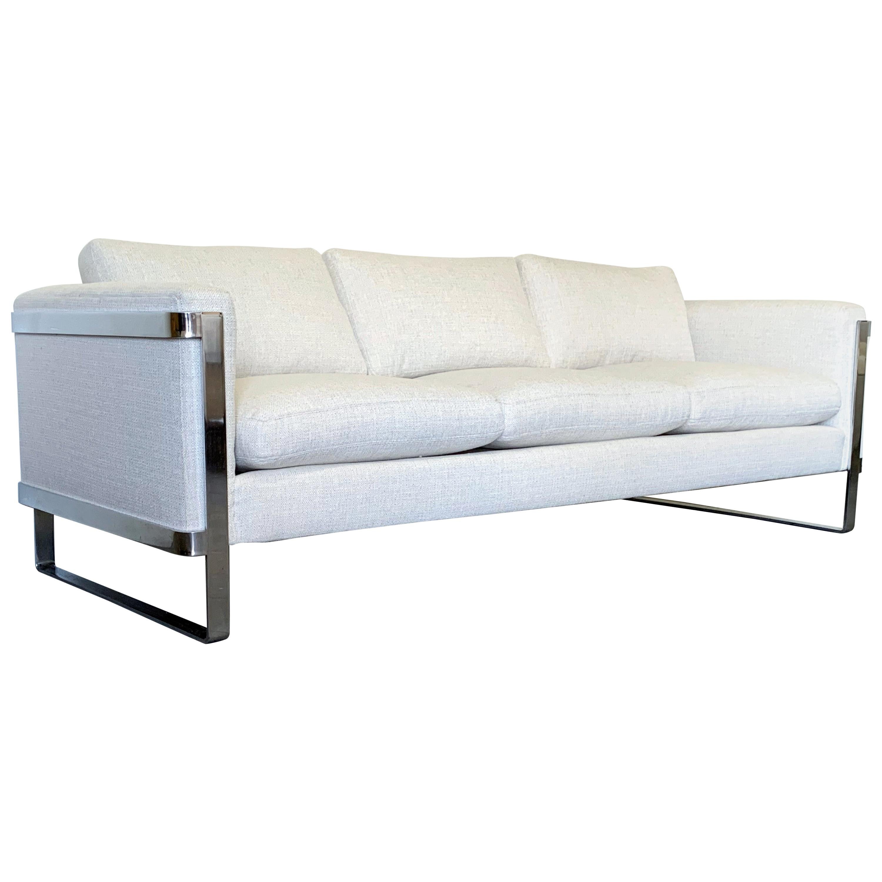 Milo Baughman Style Flat Bar Chrome Frame Sofa