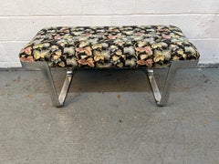 Milo Baughman Style Floral Upholstered Chrome Bench