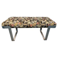 Milo Baughman Style Floral Upholstered Chrome Bench