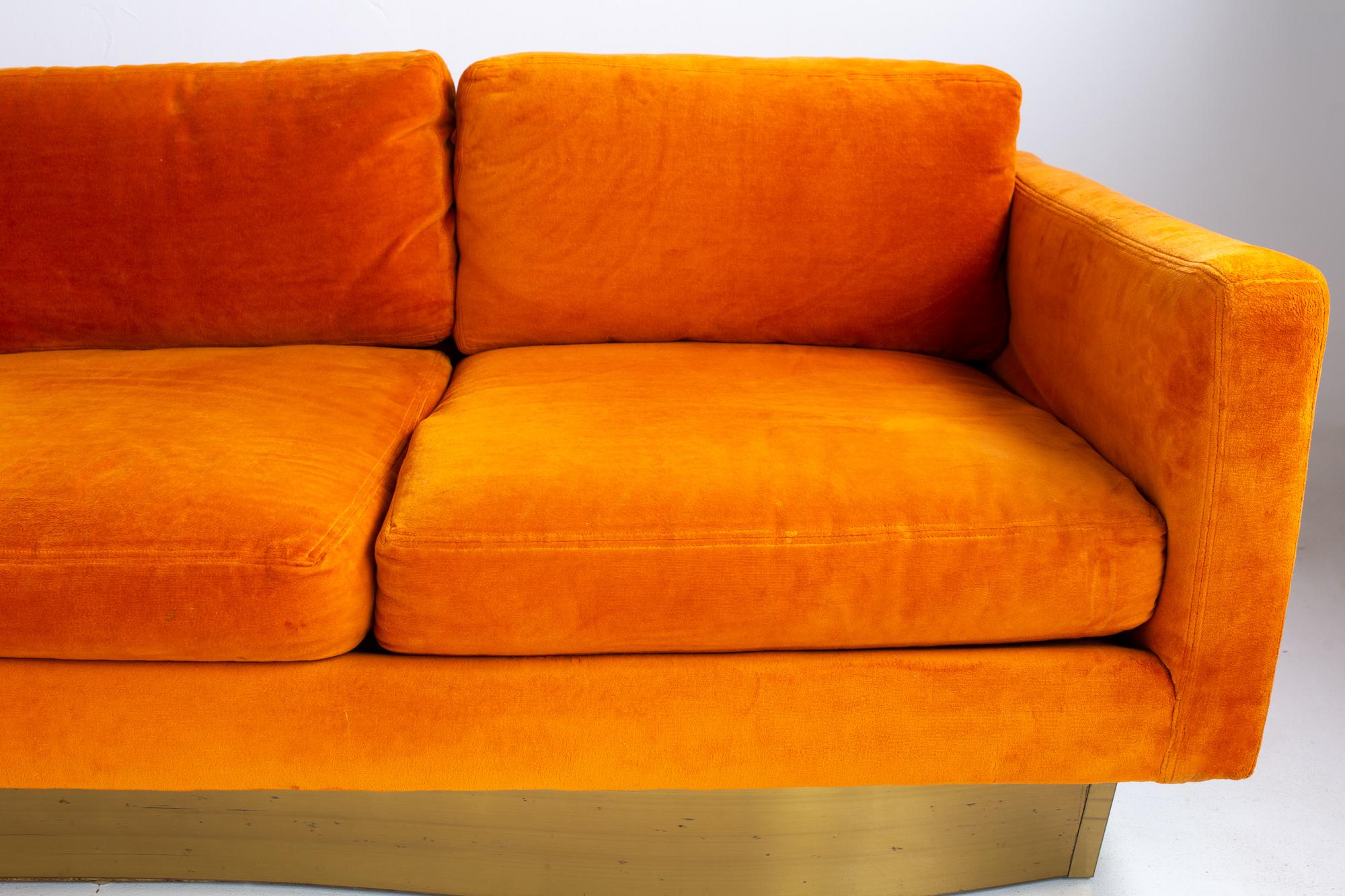 Milo Baughman Style Forecast MCM Orange Velvet Bronze Pedestal Sectional Sofa 1