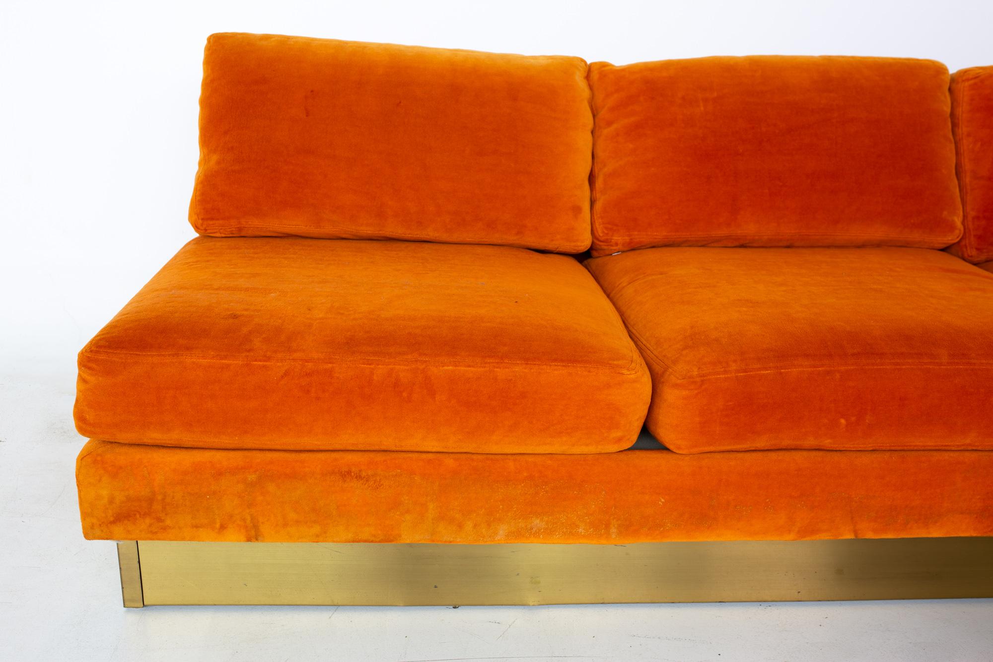 Milo Baughman Style Forecast MCM Orange Velvet Bronze Pedestal Sectional Sofa 2