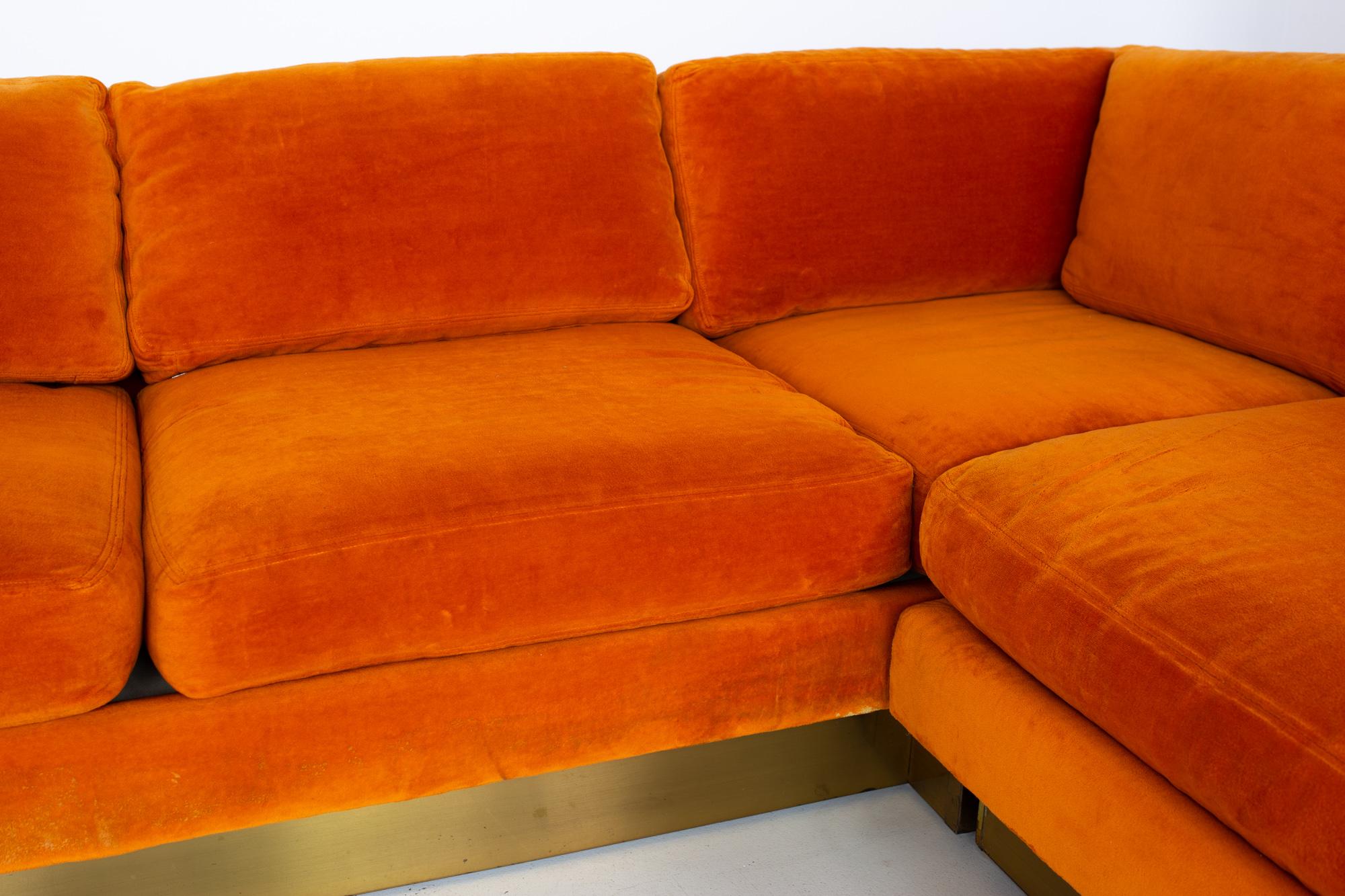 Milo Baughman Style Forecast MCM Orange Velvet Bronze Pedestal Sectional Sofa 3