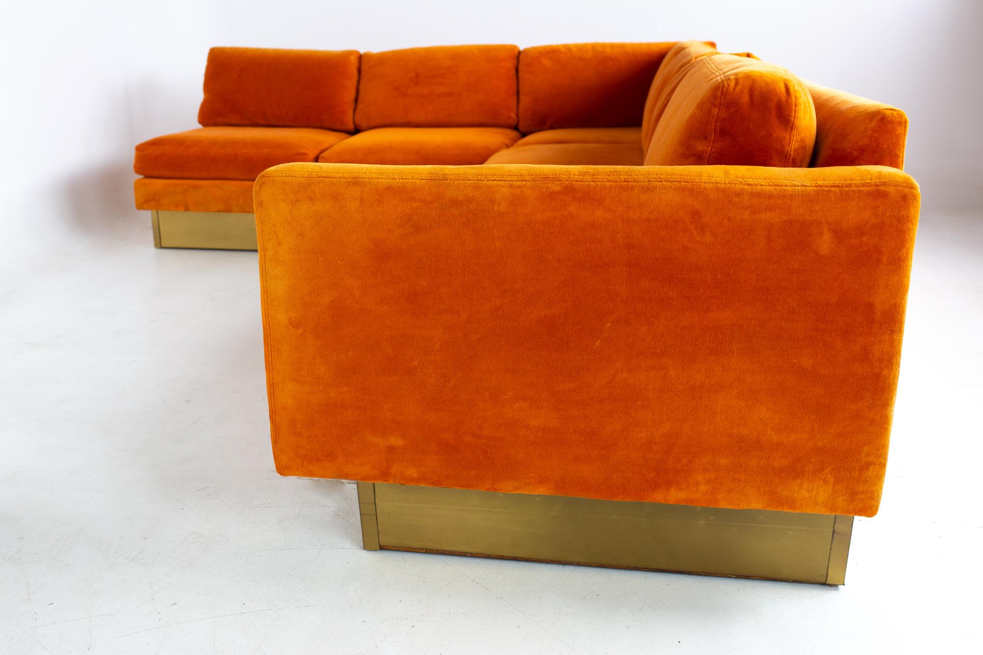 Milo Baughman Style Forecast MCM Orange Velvet Bronze Pedestal Sectional Sofa 4