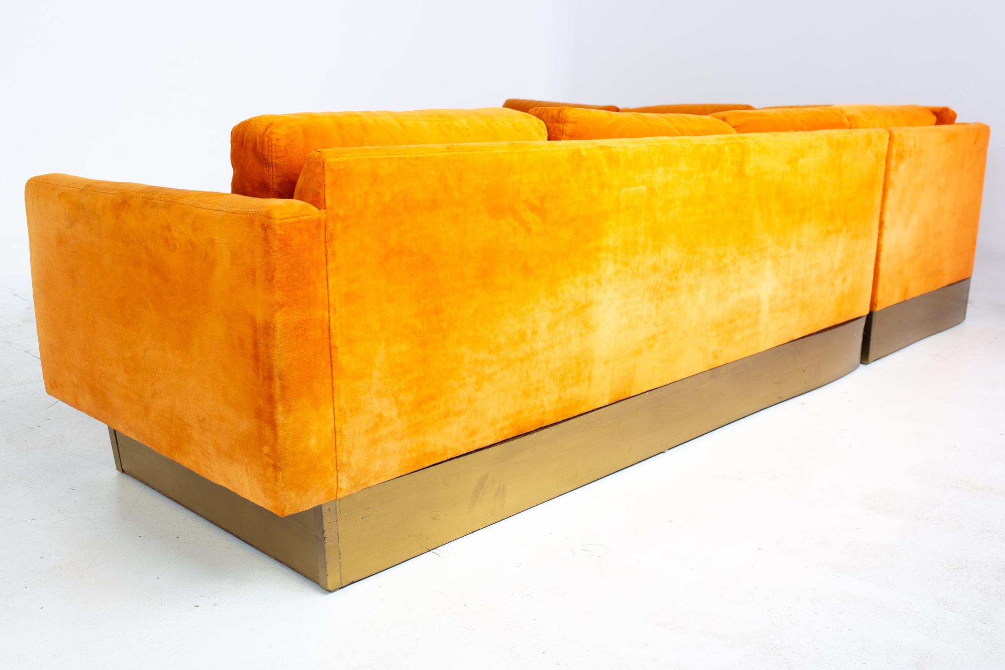 Milo Baughman Style Forecast MCM Orange Velvet Bronze Pedestal Sectional Sofa 5