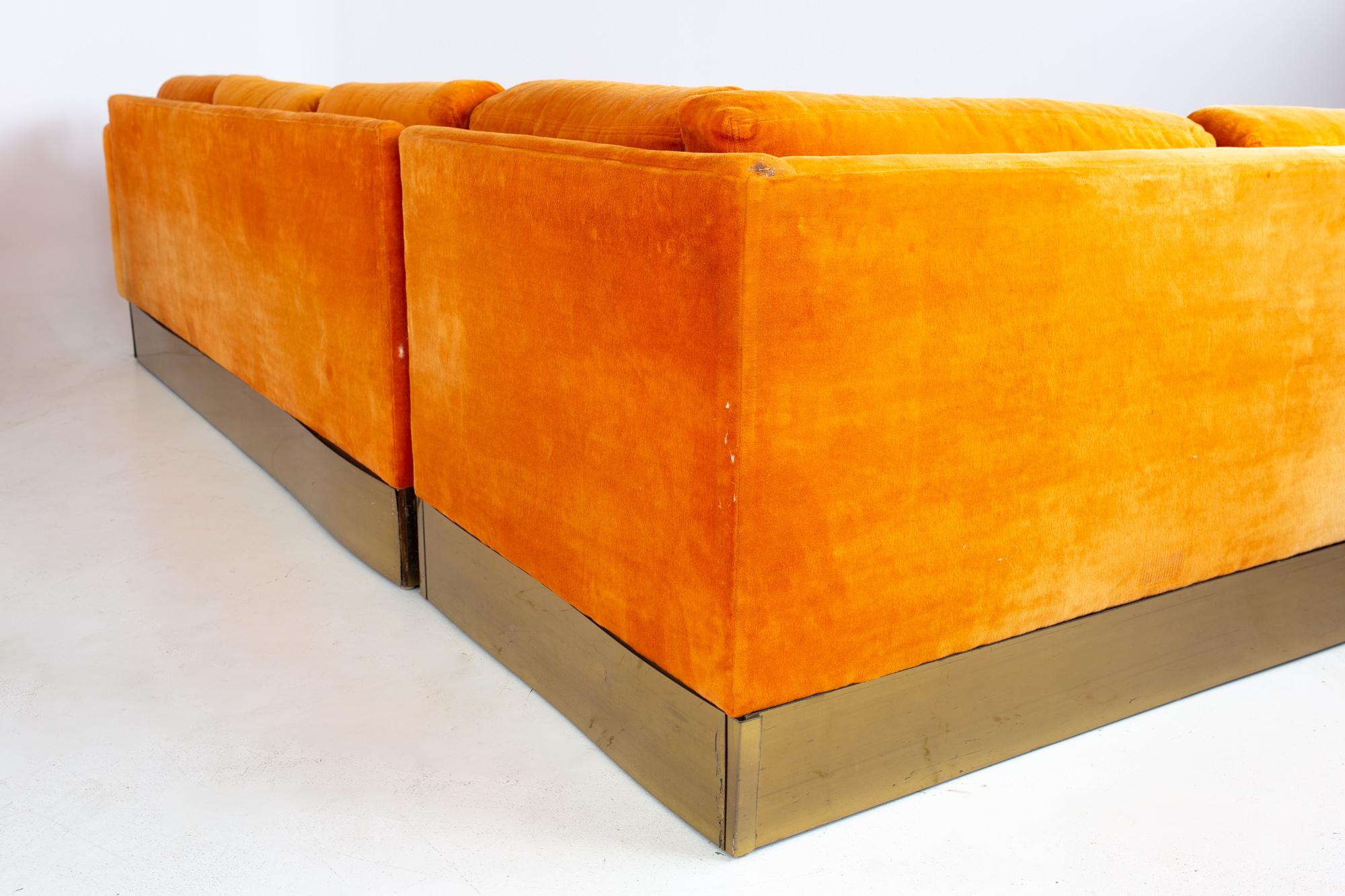 Milo Baughman Style Forecast MCM Orange Velvet Bronze Pedestal Sectional Sofa 6