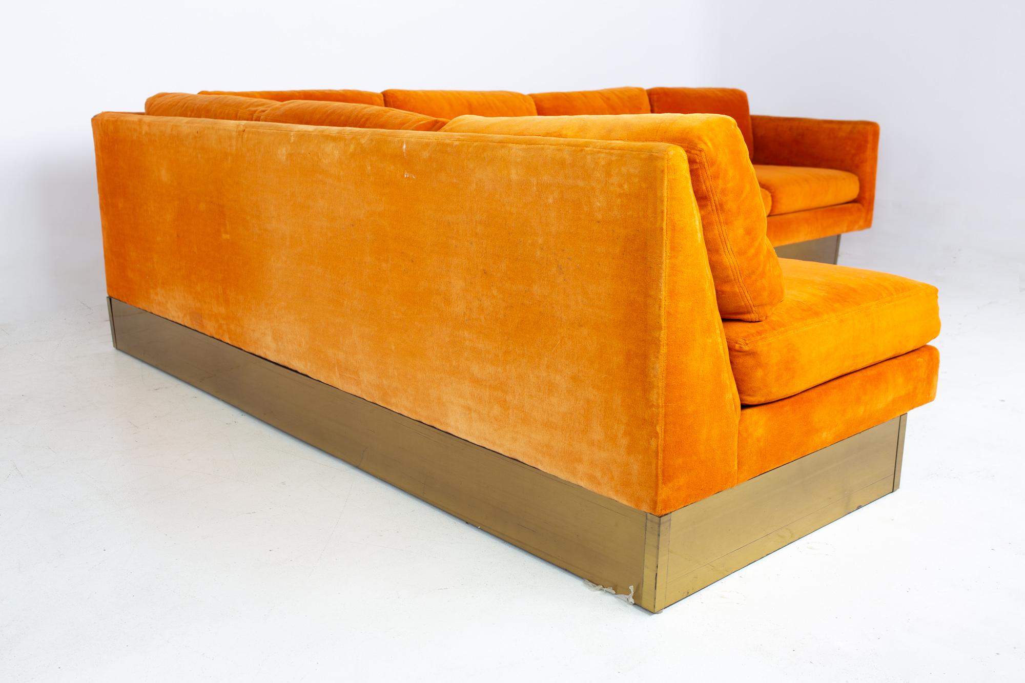 Milo Baughman Style Forecast MCM Orange Velvet Bronze Pedestal Sectional Sofa 7