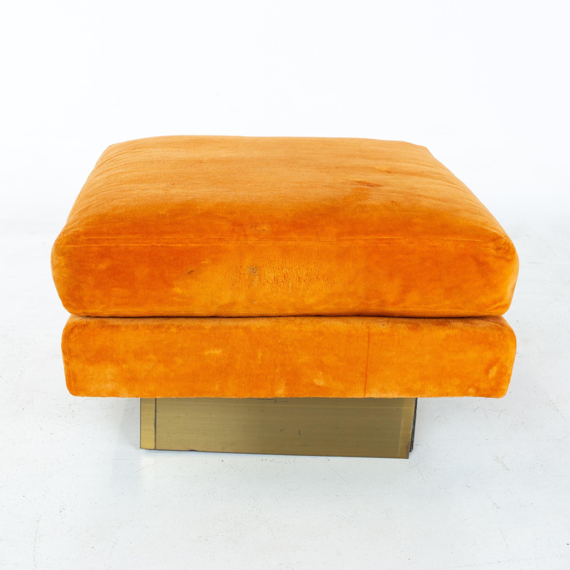 Milo Baughman Style Forecast MCM Orange Velvet Bronze Pedestal Sectional Sofa 8