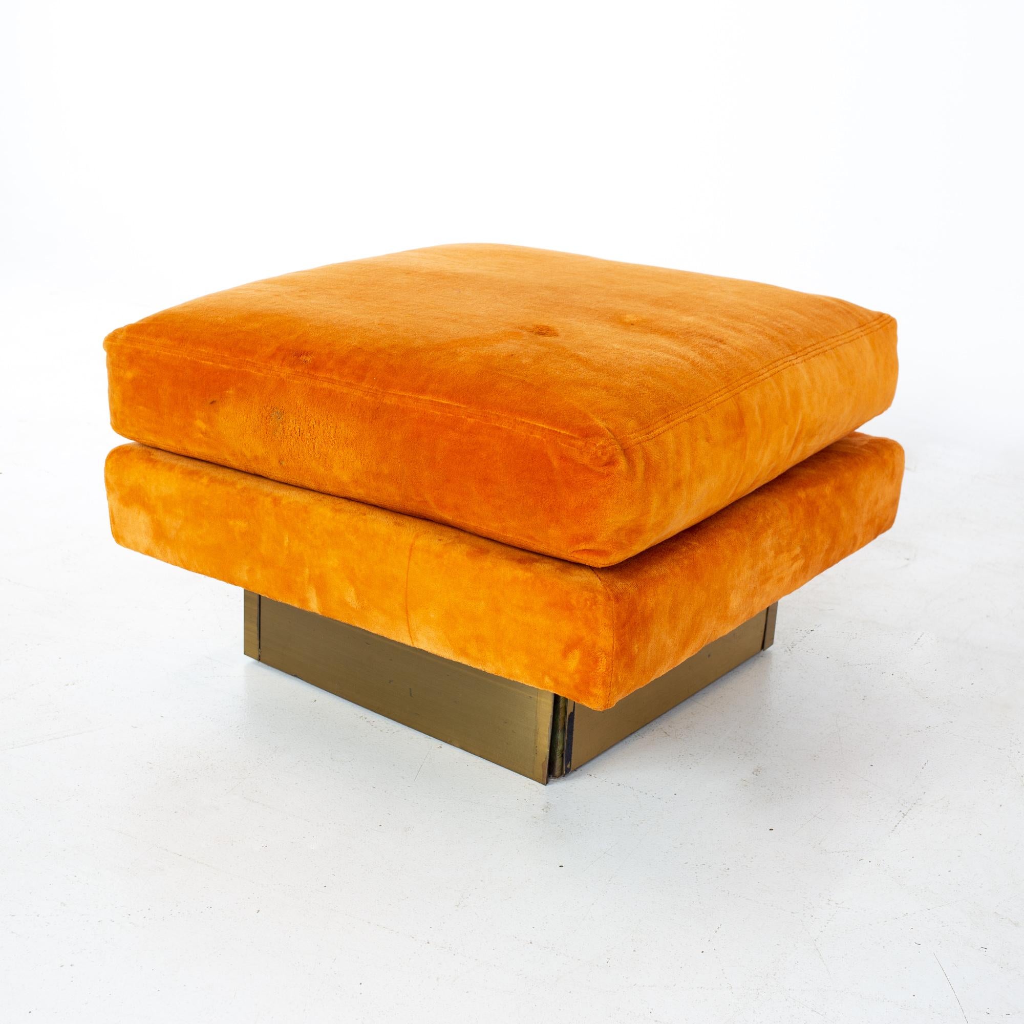 Milo Baughman Style Forecast MCM Orange Velvet Bronze Pedestal Sectional Sofa 9