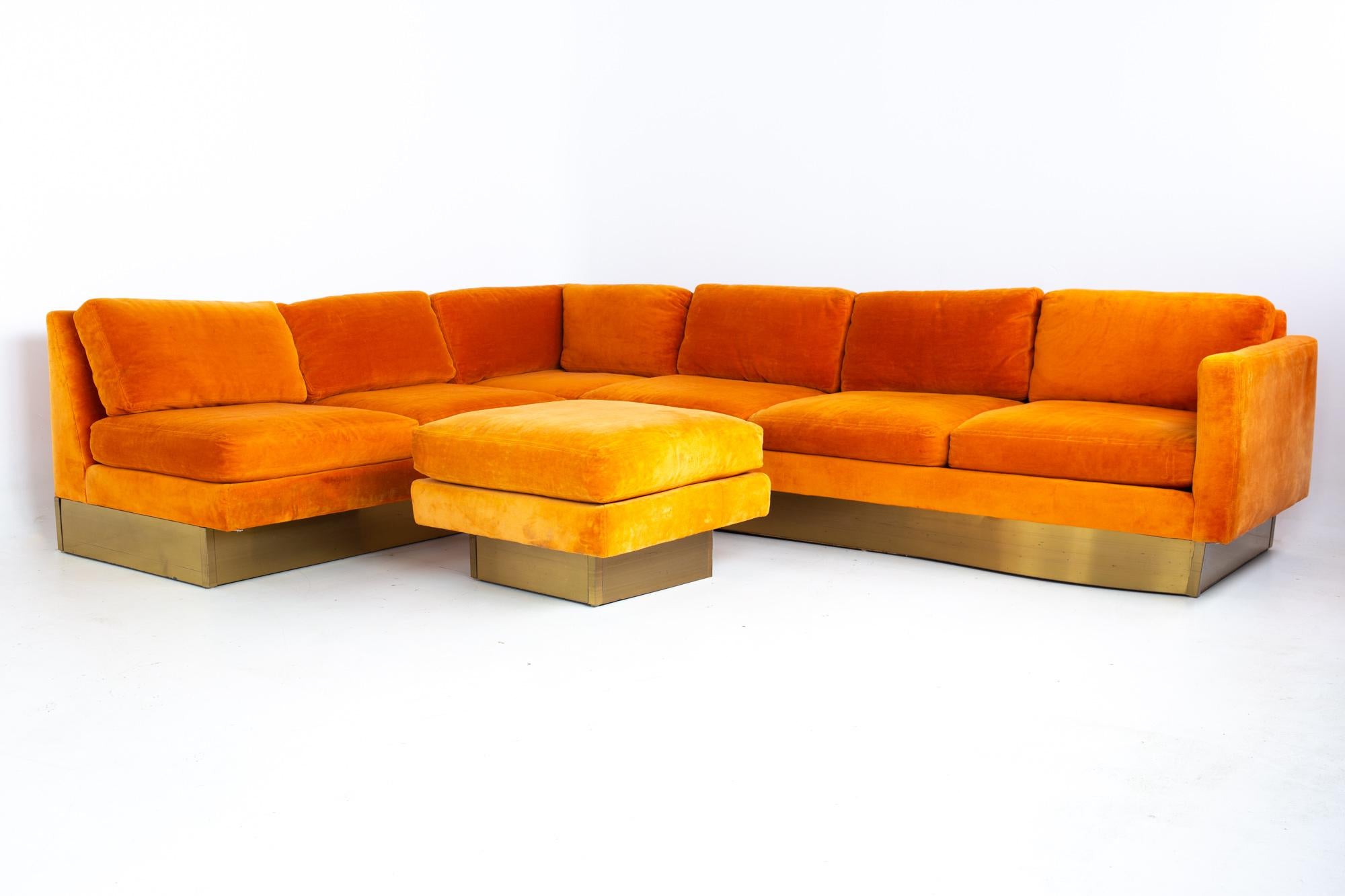 Milo Baughman style forecast furniture mid century orange velvet and bronze pedestal sectional sofa and ottoman
Sectional measures: 156 wide x 32 deep x 27 high, with a seat height of 16 inches

All pieces of furniture can be had in what we call