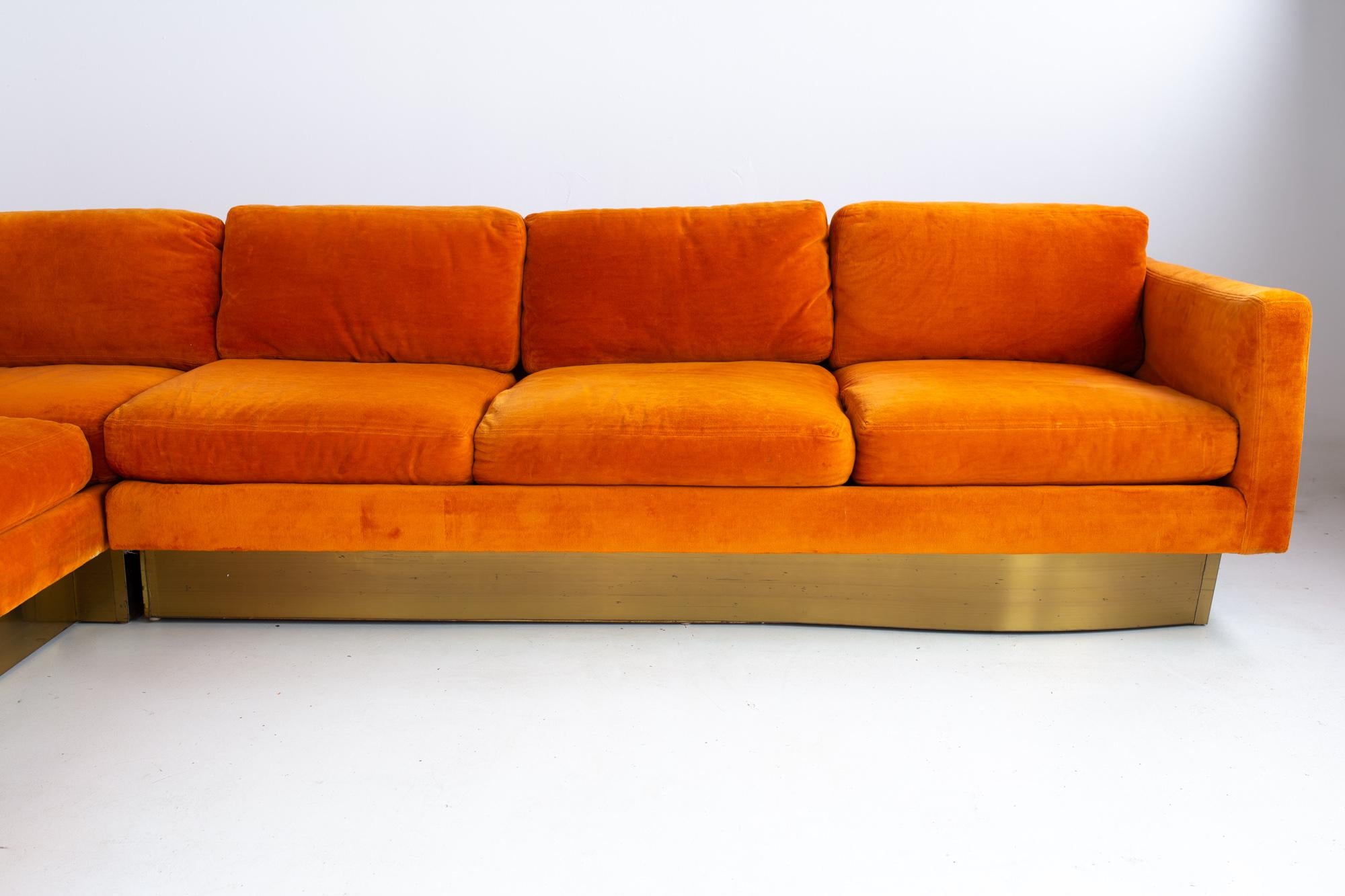 Mid-Century Modern Milo Baughman Style Forecast MCM Orange Velvet Bronze Pedestal Sectional Sofa