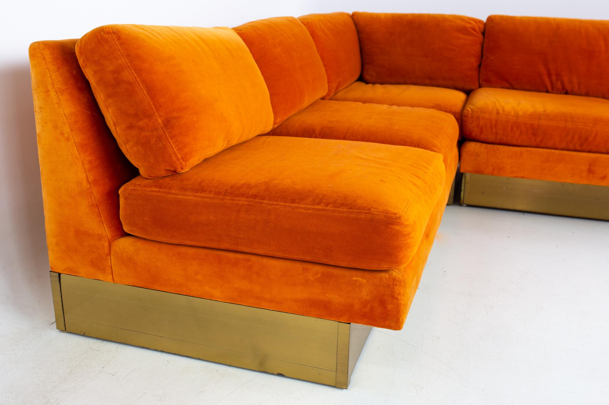 American Milo Baughman Style Forecast MCM Orange Velvet Bronze Pedestal Sectional Sofa