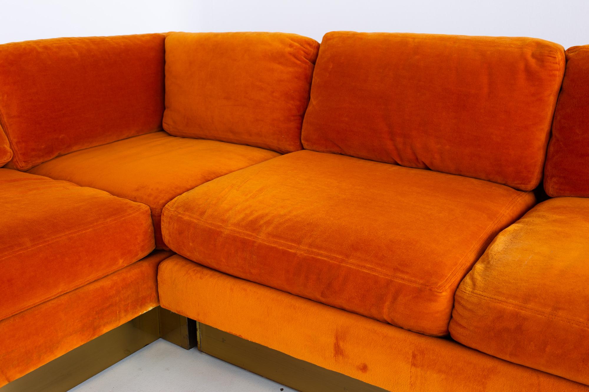Milo Baughman Style Forecast MCM Orange Velvet Bronze Pedestal Sectional Sofa In Good Condition In Countryside, IL
