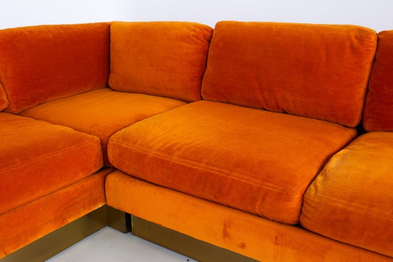 Milo Baughman Style Forecast MCM Orange Velvet Bronze Pedestal Sectional  Sofa at 1stDibs | orange velvet sectional, mcm sectional sofa, orange  velvet sectional sofa