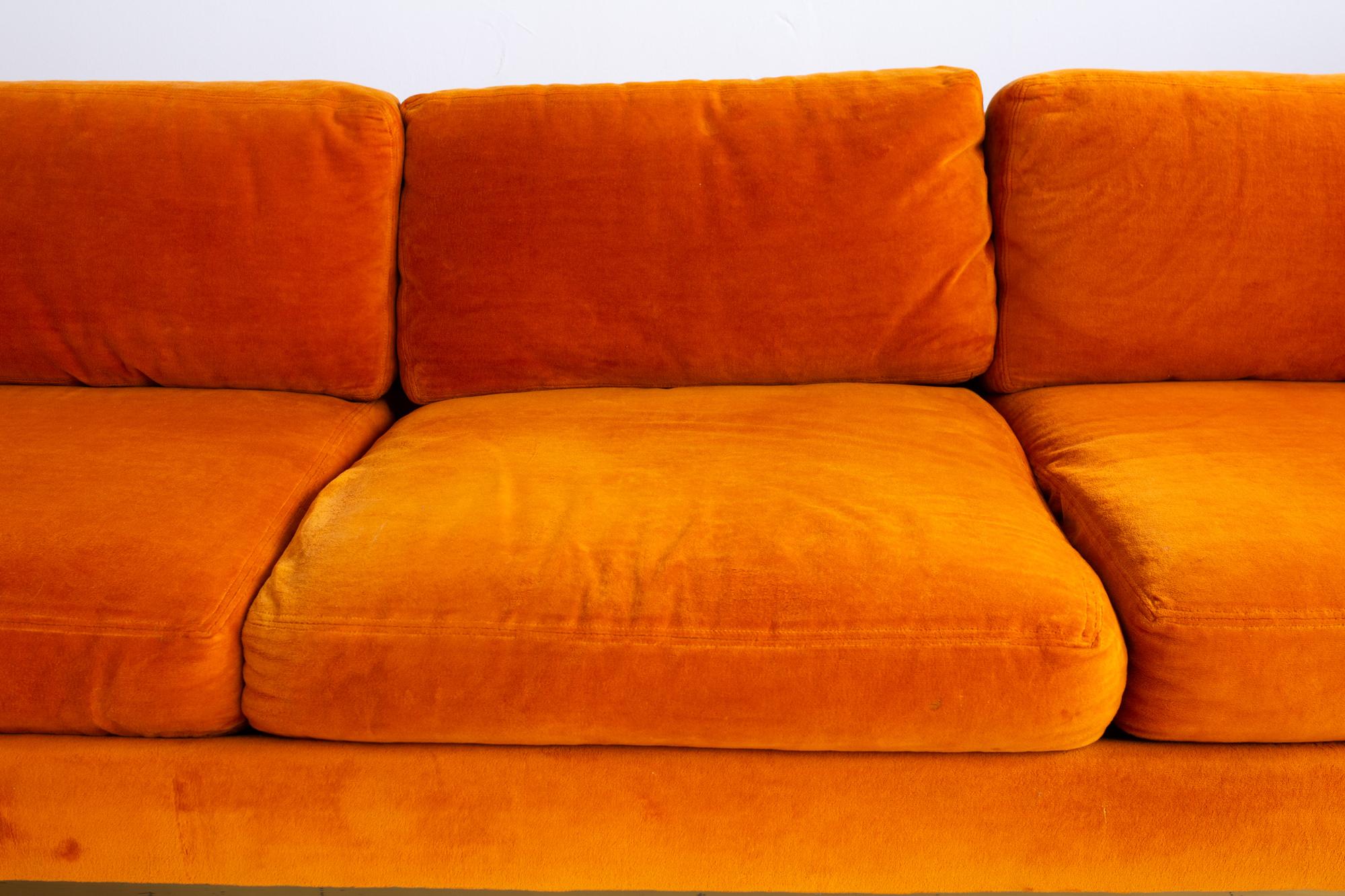 Late 20th Century Milo Baughman Style Forecast MCM Orange Velvet Bronze Pedestal Sectional Sofa