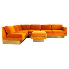 Milo Baughman Style Forecast MCM Orange Velvet Bronze Pedestal Sektional Sofa