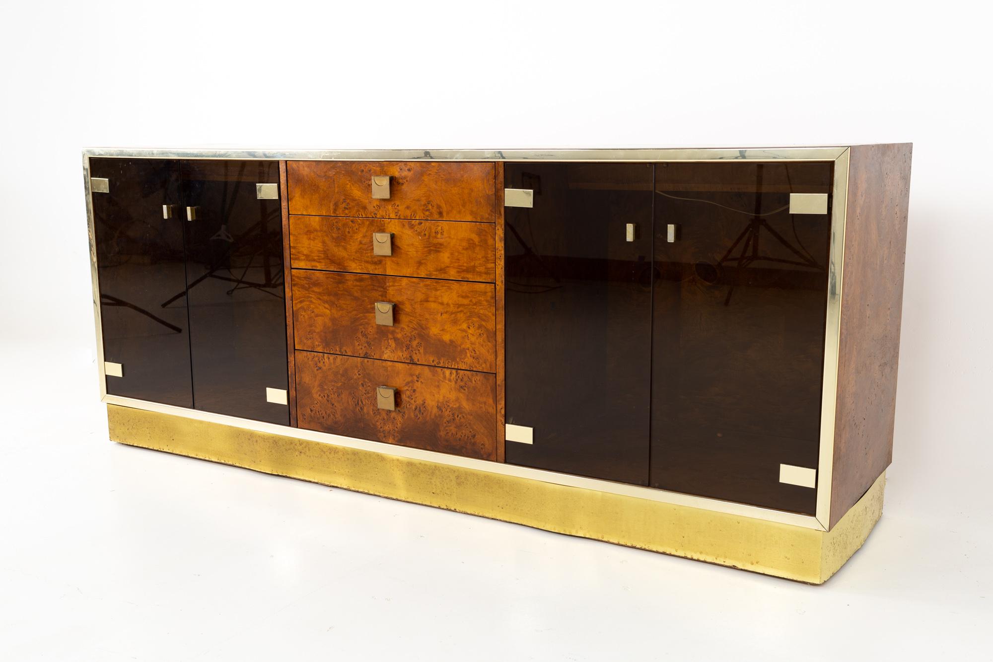 Milo Baughman style founders mid century burlwood brass chrome and glass sideboard credenza
This sideboard credenza is 72 wide x 18 deep x 29.25 inches high

All pieces of furniture can be had in what we call restored vintage condition. That