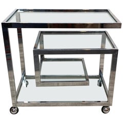 Milo Baughman Style Geometric Chrome Bar Cart