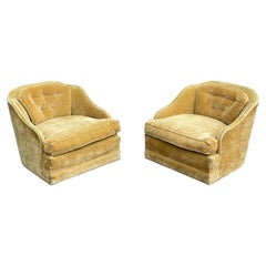 Milo Baughman Style Gold Crushed Velvet Swivel Club Chairs, a Pair