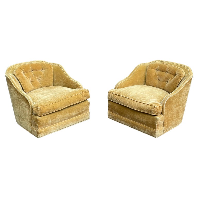 Milo Baughman Style Gold Crushed Velvet Swivel Club Chairs, a Pair at 1stDibs
