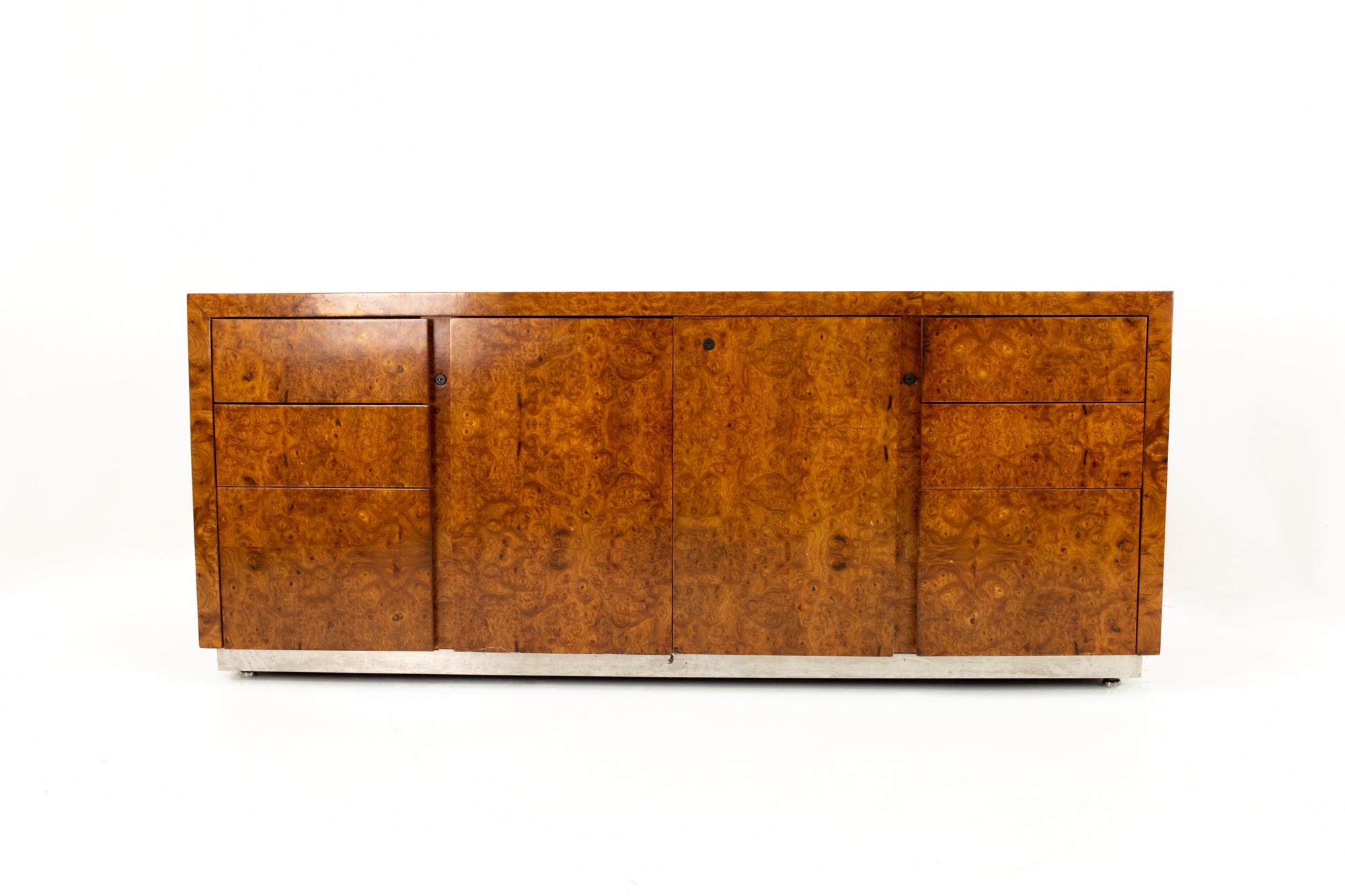 Milo Baughman style Helikon midcentury burl wood sideboard credenza
Credenza measures: 72 wide x 19 deep x 27 high

All pieces of furniture can be had in what we call restored vintage condition. That means the piece is restored upon purchase so
