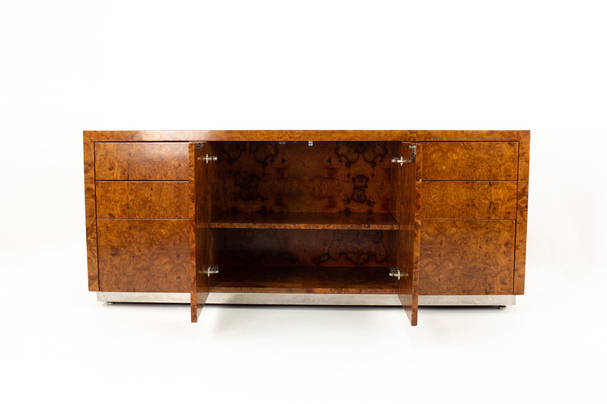 American Milo Baughman Style Helikon Midcentury Burl Wood Sideboard Credenza