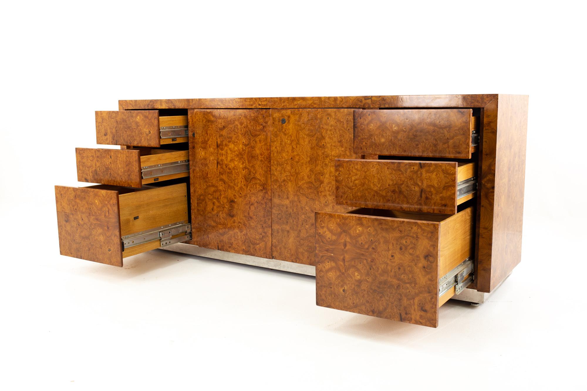 Late 20th Century Milo Baughman Style Helikon Midcentury Burl Wood Sideboard Credenza