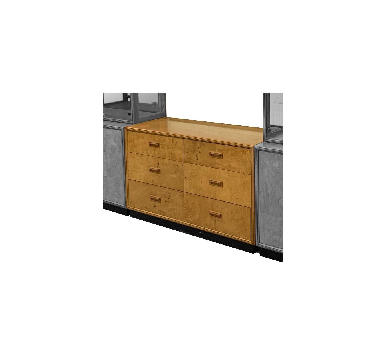 Milo Baughman style Mid-Century Modern double dresser features patch work burl wood construction, and hand inlaid pulls. From the Henredon 