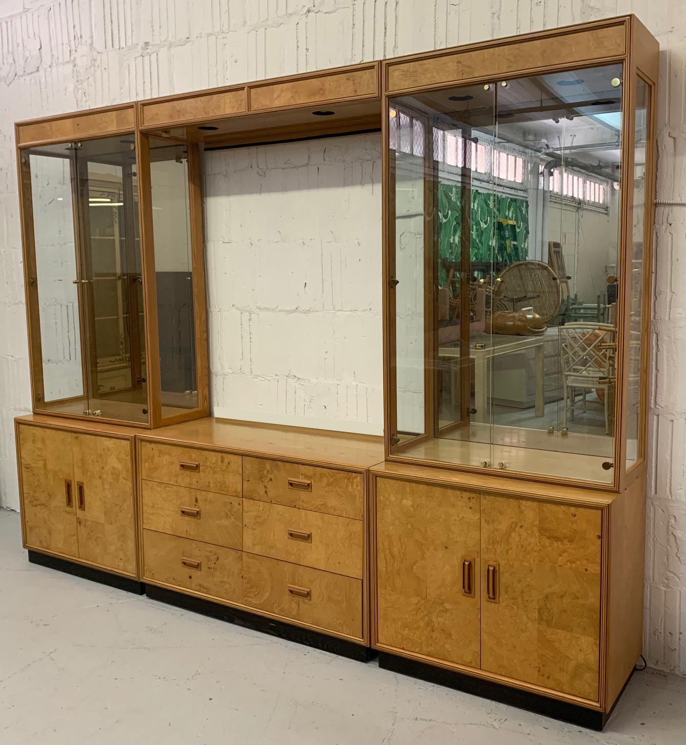 Large Milo Baughman style Mid-Century Modern 6-piece wall unit features patch work burl wood construction, mirrored display cases with glass shelves, and hand inlaid door pulls. From the Henredon 