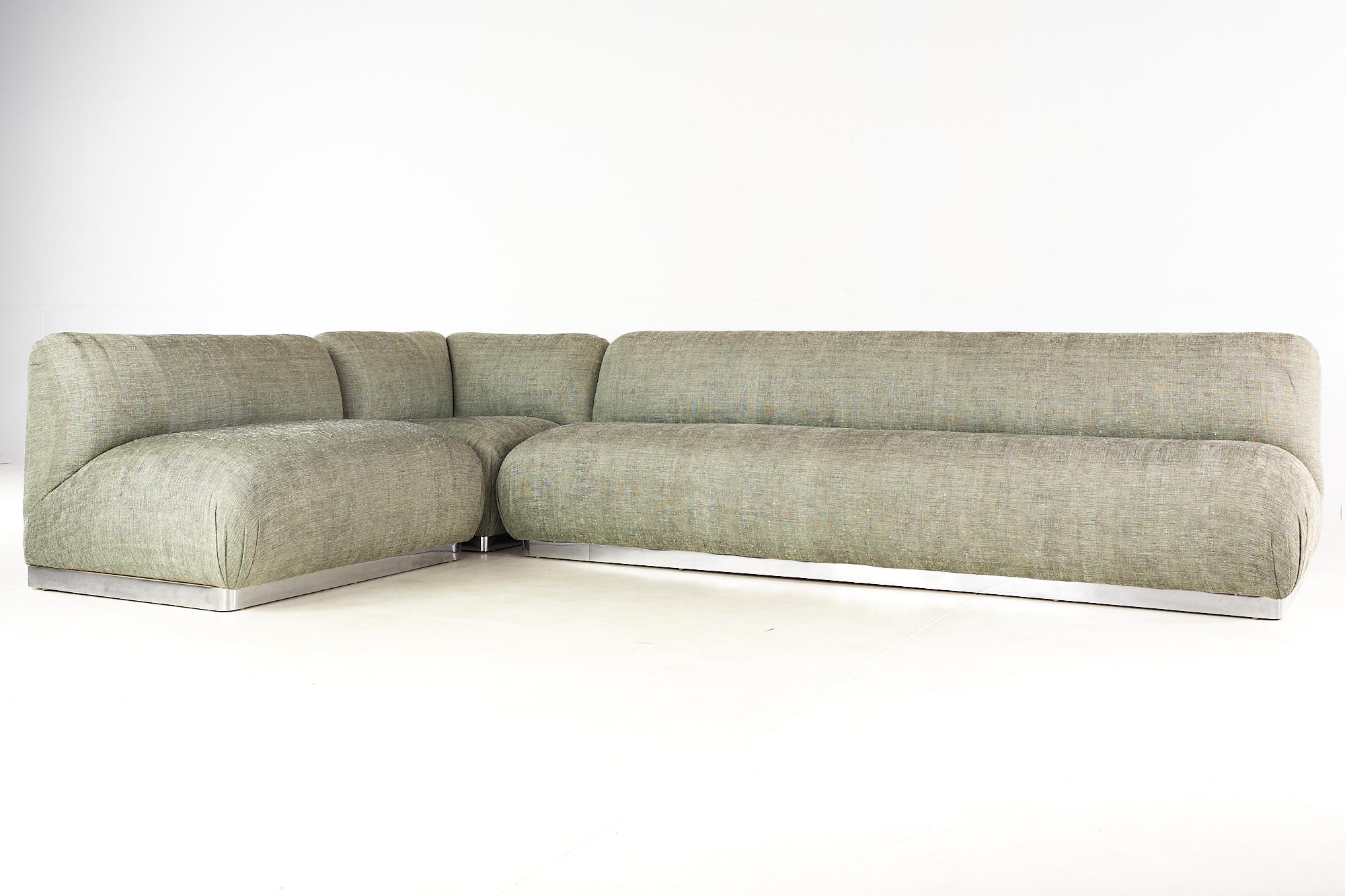 Mid-Century Modern Milo Baughman Style Interior Crafts Chrome Base 3 Piece Sectional Sofa