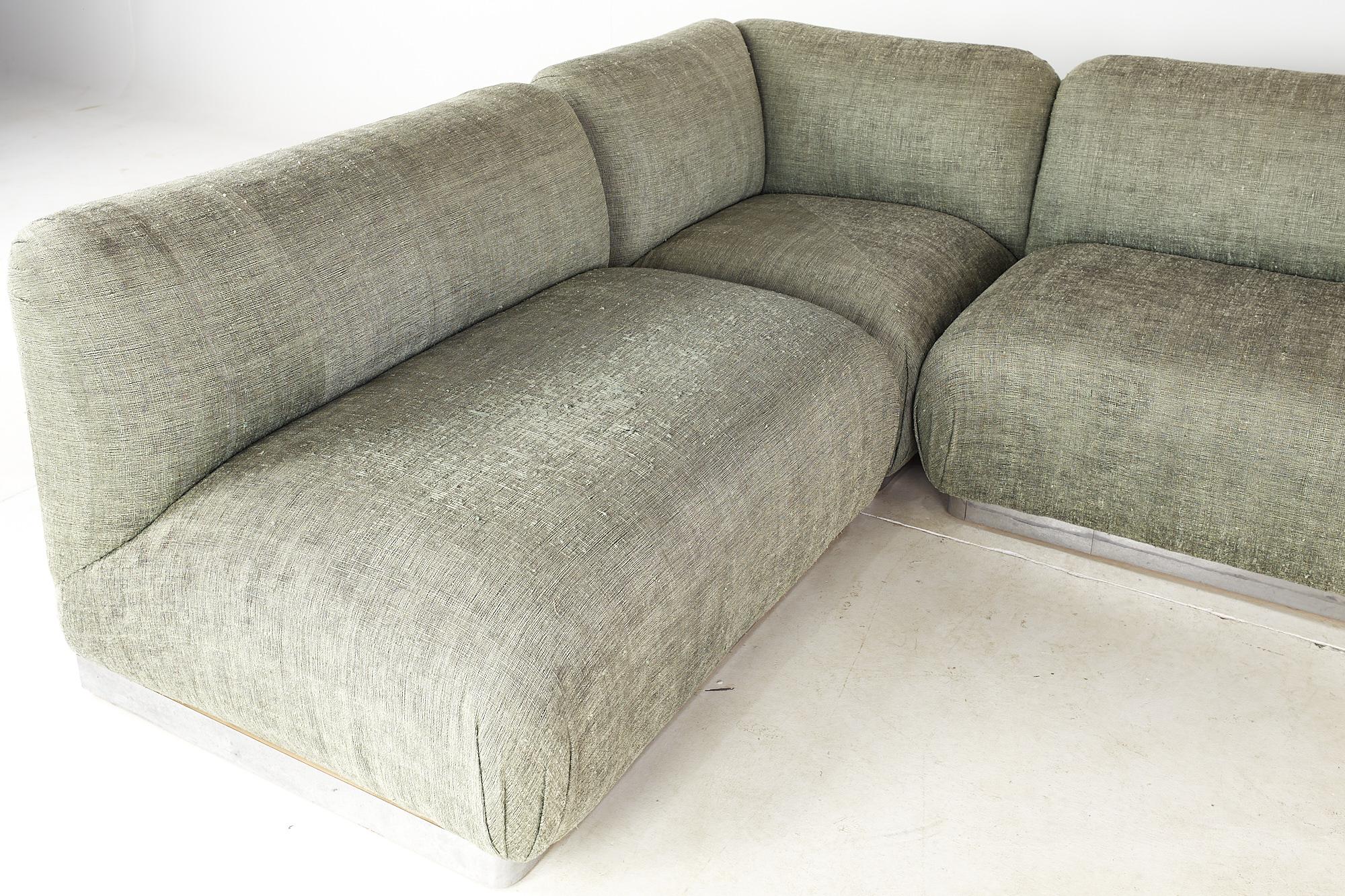 American Milo Baughman Style Interior Crafts Chrome Base 3 Piece Sectional Sofa